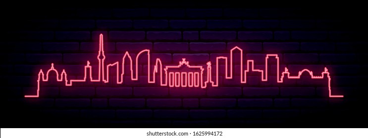 Red neon skyline of Berlin city. Bright Berlin long banner. Vector illustration.