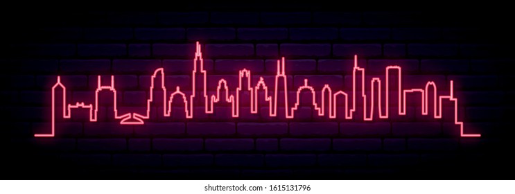 Red neon skyline of Chicago city. Bright Chicago long banner. Vector illustration.