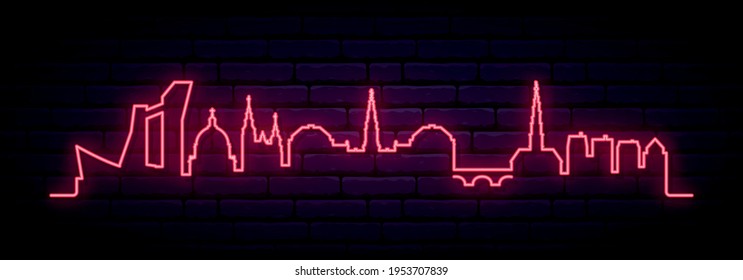 Red neon skyline of Copenhagen. Bright Copenhagen City long banner. Vector illustration.
