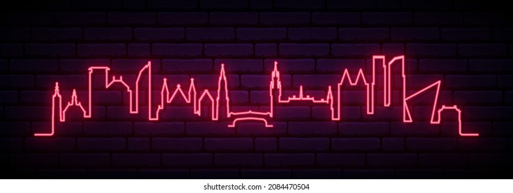 Skyline de neón rojo de La Haya. Luminoso cartel largo de La ciudad de La Haya. Ilustración vectorial.