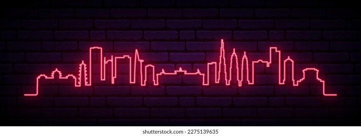 Red neon skyline of Ho Chi Minh City. Bright Ho Chi Minh City, Vietnam long banner. Vector illustration.