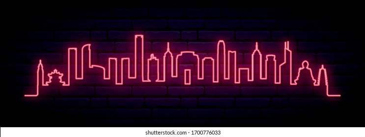 Red Neon Skyline Of Hong Kong City. Bright Hong Kong Long Banner. Vector Illustration.