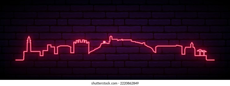 Red neon skyline of Ibiza. Bright Ibiza City long banner. Vector illustration.