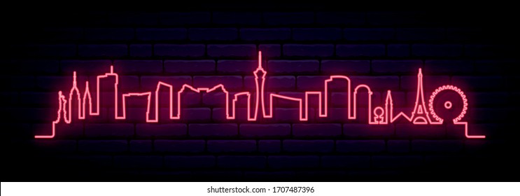 Red Neon Skyline Of Las Vegas City. Bright Las Vegas Long Banner. Vector Illustration.