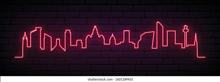 Red neon skyline of Liverpool city. Bright Liverpool long banner. Vector illustration.