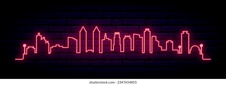 Red neon skyline of Miami South Beach. Bright Miami South Beach, FL long banner. Vector illustration.