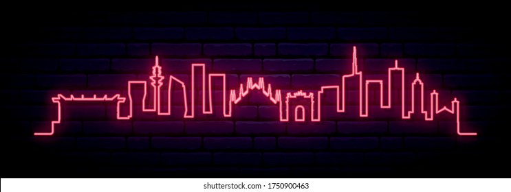 Red neon skyline of Milan city. Bright Milan long banner. Vector illustration.