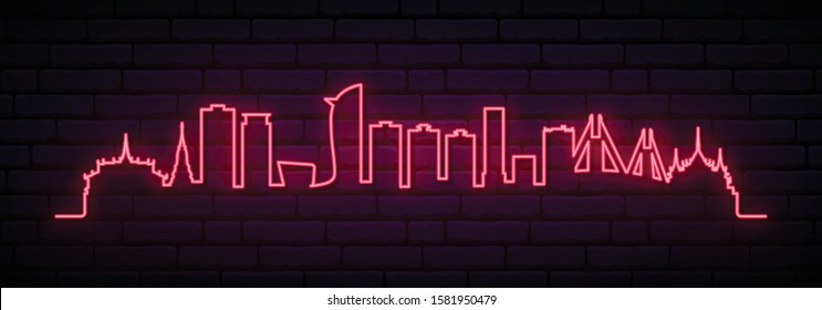 Red neon skyline of Phnom penh city. Bright Phnom penh long banner. Vector illustration.