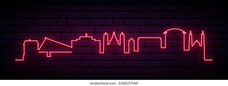 Red neon skyline of Podgorica. Bright Podgorica, Montenegro City long banner. Vector illustration.