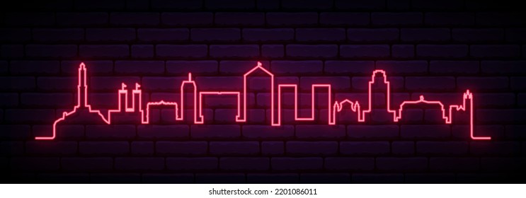 Red neon skyline of Port Louis. Bright Genoa City long banner. Vector illustration.