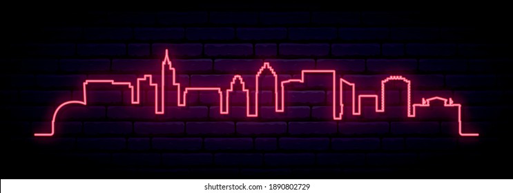 Red neon skyline of Raleigh. Bright Raleigh City long banner. Vector illustration.