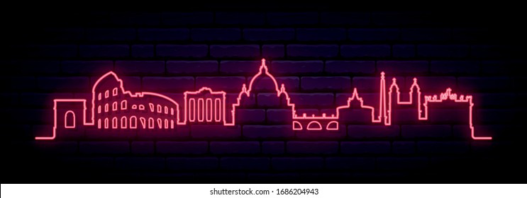 Red neon skyline of Rome city. Bright Rome long banner. Vector illustration.