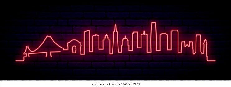 Red Neon Skyline Of San Francisco City. Bright San Francisco Long Banner. Vector Illustration.