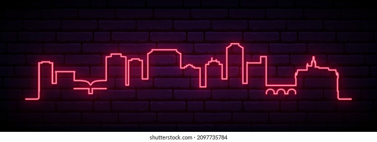 Red neon skyline of Saskatoon. Bright Saskatoon City long banner. Vector illustration.