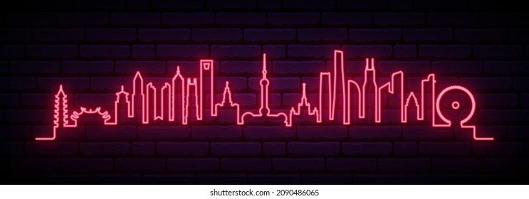 Red Neon Skyline Of Shanghai. Bright Shanghai City Long Banner. Vector Illustration.