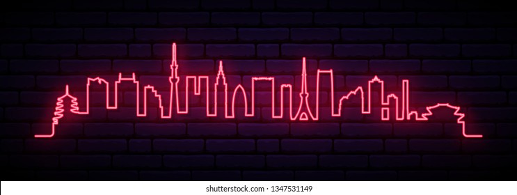 Red neon skyline of Tokyo city. Bright Tokyo long banner. Vector illustration.