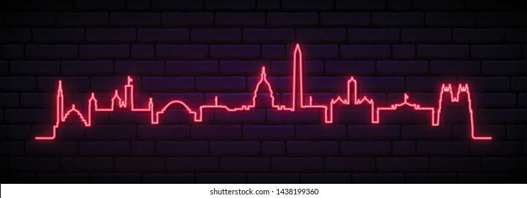 Red neon skyline of Washington city. Bright Washington USA long banner. Vector illustration.