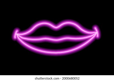 Red neon smiling lips on a black background. The contour of the lips. Kiss. Vector illustration