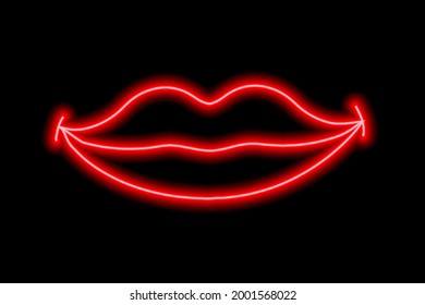 Red Neon Smiling Lips On A Black Background. The Contour Of The Lips. Kiss. Vector Illustration