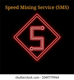 Red neon Speed Mining Service (SMS) cryptocurrency symbol. Vector illustration eps10 isolated on black background
