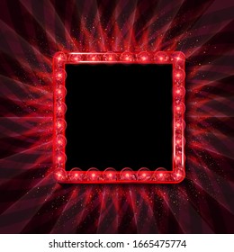 Red neon square frame. Luminous swirling bunner. Shining circle light banner. Glowing spiral. Light Ring background. Abstraction geometric neon circle. Shine LED square 3D illustrator