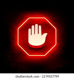Red Neon Stop Sign with Hand on Grunge Background. Attention Label Glow On The Wall with Tapes.