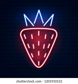 Red neon strawberry . Vector illustration of neon red strawberry consisting of outlines, with backlight on the dark background