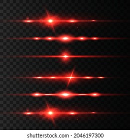 Red neon stripes or light flash. Laser beams, horizontal rays. Beautiful light flares. Glowing streaks on transparent background. Vector illustration, eps 10.