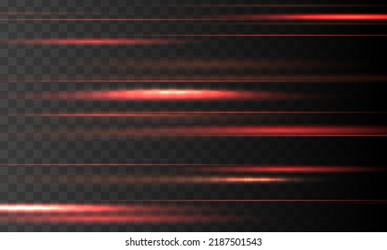 Bandas de neón rojas o destellos de luz. Luces y rayas se mueven rápidamente. Conjunto de líneas rojas, vigas láser, vigas brillantes con brillo y destellos. Sonido luminoso y abstracto de color naranja alineado. Ilustración vectorial.