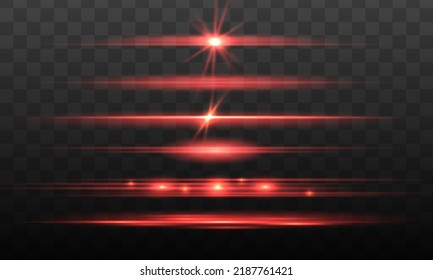 Red neon stripes or light flash. Lights and stripes moving fast. Set of red lines, laser beams, bright beams with glitter and sparkles. Orange luminous abstract sparkling lined. Vector illustration.