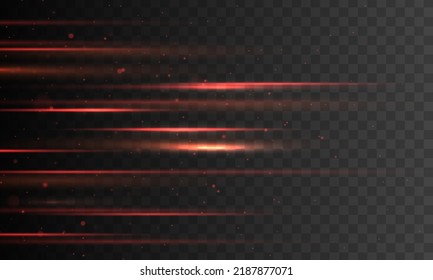 Red neon stripes or light flash. Lights and stripes moving fast. Set of red lines, laser beams, bright beams with glitter and sparkles. Orange luminous abstract sparkling lined. Vector illustration.