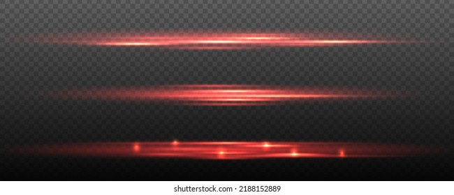 Red neon stripes or light flash. Lights and stripes moving fast. Set of red lines, laser beams, bright beams with glitter and sparkles. Orange luminous abstract sparkling lined. Vector illustration.