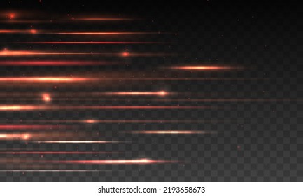 Red neon stripes or light flash. Lights and stripes moving fast. Set of red lines, laser beams, bright beams with glitter and sparkles. Orange luminous abstract sparkling lined. Vector illustration.