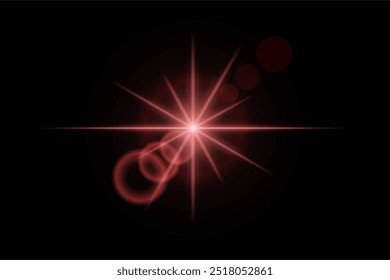 Rote Neonstreifen oder heller Blitzstern. Laserstrahlen, horizontale Strahlen. Schöne Lichtreflexionen. Glühende Streifen auf schwarzem Hintergrund.