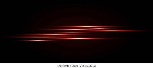 Rote Neonstreifen oder Lichtblitz. Laserstrahlen, horizontale Strahlen. Schöne Lichtreflexionen. Glühende Streifen auf schwarzem Hintergrund.