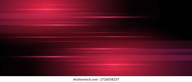 Rote Neonstreifen oder Lichtblitz. Laserstrahlen, horizontale Strahlen. Schöne Lichtreflexionen. Glühende Streifen auf schwarzem Hintergrund.