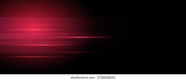 Rote Neonstreifen oder Lichtblitz. Laserstrahlen, horizontale Strahlen. Schöne Lichtreflexionen. Glühende Streifen auf schwarzem Hintergrund.