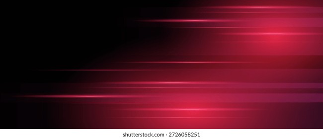 Rote Neonstreifen oder Lichtblitz. Laserstrahlen, horizontale Strahlen. Schöne Lichtreflexionen. Glühende Streifen auf schwarzem Hintergrund.