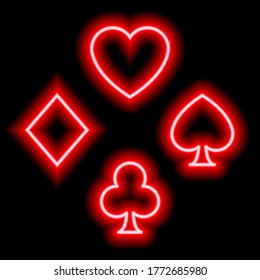 Red neon symbols of card suits. Hearts, diamonds, clubs, spades. Suit icons