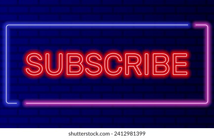 Red neon text subscribe in a neon frame on a brick gradient wall background vector. Graphic element for designers
