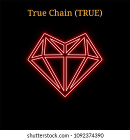 Red neon True Chain (TRUE) cryptocurrency symbol. Vector illustration eps10 isolated on black background