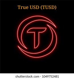 Red neon True USD (TUSD) cryptocurrency symbol. Vector illustration eps10 isolated on black background
