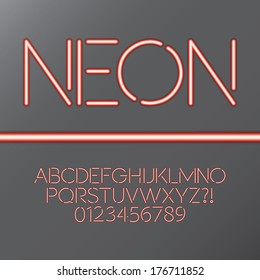 Red Neon Tube Alphabet and Numbers, Eps 10 Vector