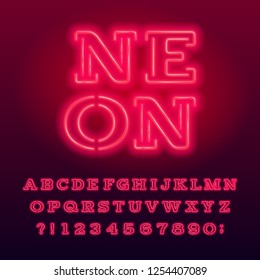 Red neon tube alphabet typeface. Neon color serif letters and numbers. Stock vector font for your design.