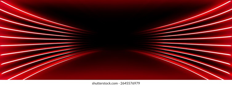 Túnel de néon vermelho com faixas de luz brilhante convergindo para o centro preto - linhas de velocidade futurista na ilusão de perspectiva, efeito de corredor cyberpunk para fundo de jogos, apresentação de tecnologia
