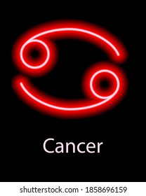 Red neon zodiac sign Cancer with caption. Predictions, astrology, horoscope.