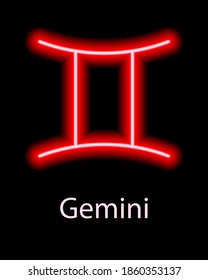 Red neon zodiac sign Gemini with caption. Predictions, astrology, horoscope.