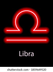 Red neon zodiac sign Libra with caption. Predictions, astrology, horoscope.