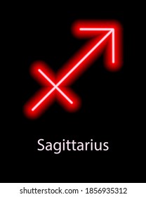 Red neon zodiac sign Sagittarius with caption. Predictions, astrology, horoscope.