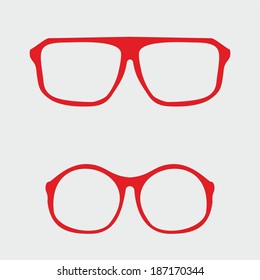 Red nerd glasses with thick holder - retro hipster vector illustration isolated on grey background.